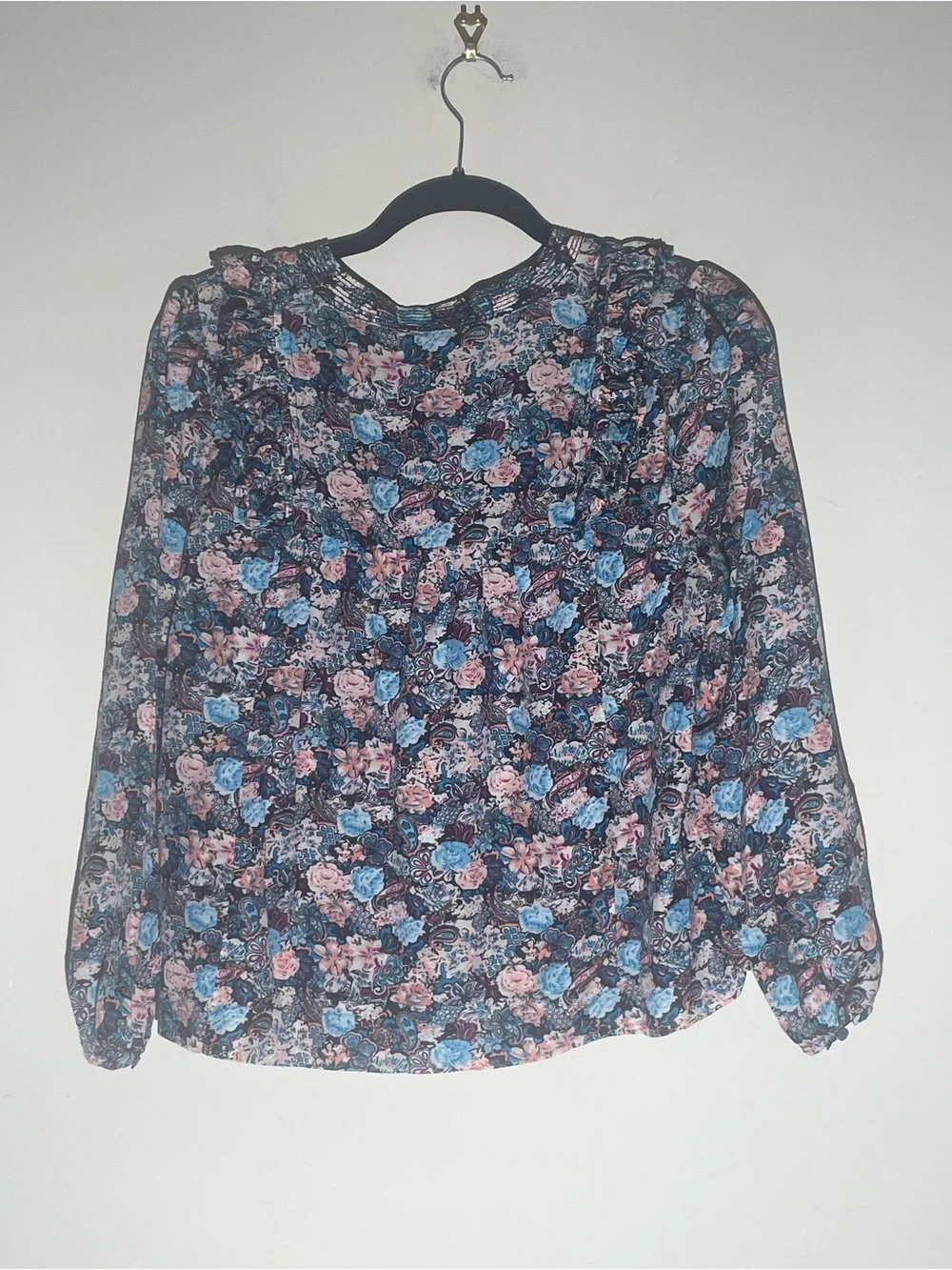 J Crew Ruffle Top Sz M Long Sleeve Blue Pink Paisley Floral Cotton Silk Bohemian